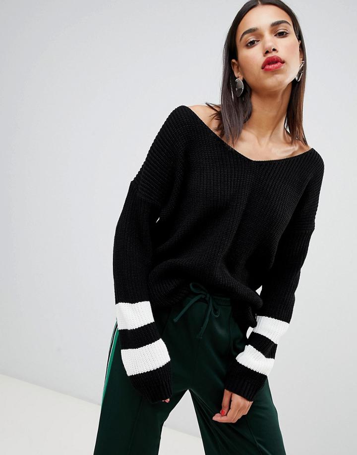 Boohoo V Neck Contrast Stripe Sweater In Black - Black