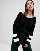 Boohoo V Neck Contrast Stripe Sweater In Black - Black