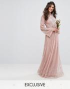 Maya Embellished Maxi Dress With Fluted Sleeve - Pink