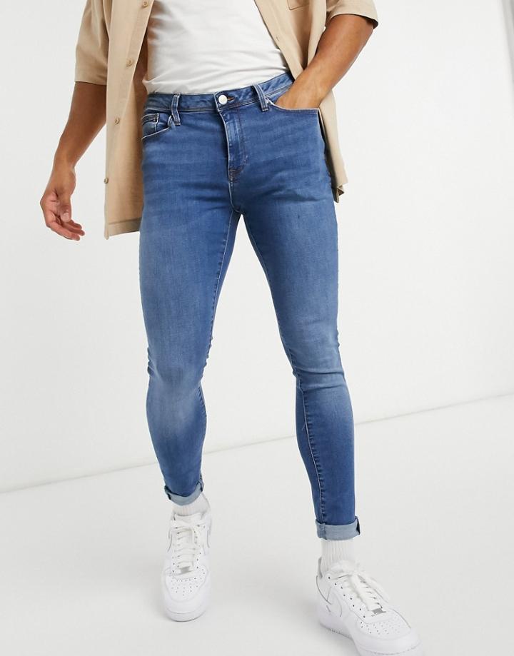 River Island Spray-on Skinny Jeans In Midwash Blue-blues