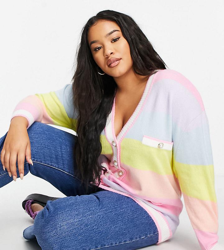 River Island Plus Pastel Stripe Cardigan In Pink