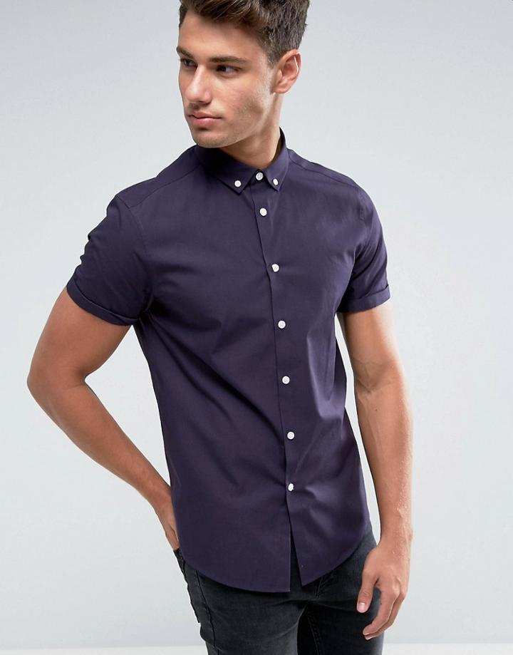 Asos Regular Fit Shirt In Navy With Button Down Collar - Navy