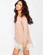 Asos Off Shoulder Dress In Crepe With Eyelash Lace Hem - Pink