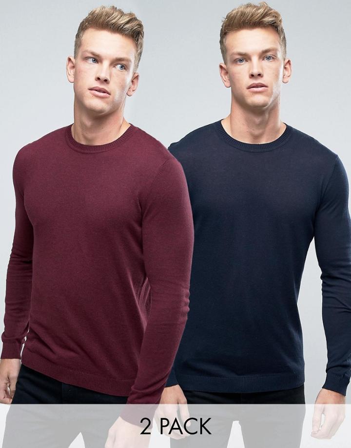 Asos 2 Pack Cotton Sweater In Burgundy/navy Save - Multi