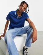 Asos Design Polo With Revere In Navy With White Trims