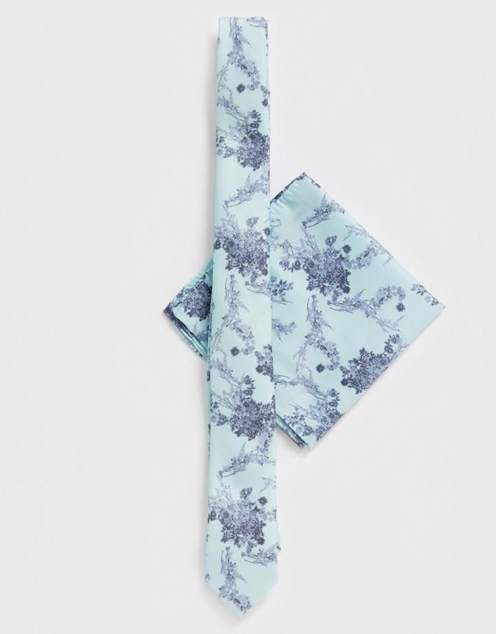Asos Design Wedding Slim Tie & Pocket Square In Mint Floral-green