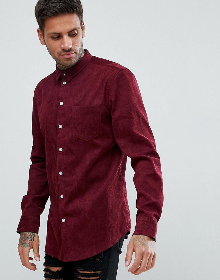 Boohooman Corduroy Shirt In Burgundy - Red