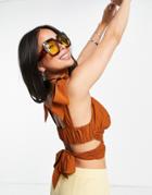 Topshop Tie Textured Crop Top In Brown
