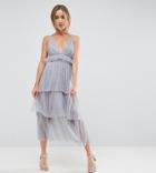 True Decadence Petite Premium Tulle Ruffle Layered Midi Dress With Strappy Back Detail - Gray