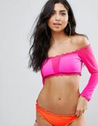 Jaded London Long Sleeve Bardot Mesh Panel Bikini Top - Pink