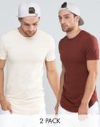 Asos 2 Pack Longline Muscle T-shirt With Curved Hem In Stone/chestnut - Multi