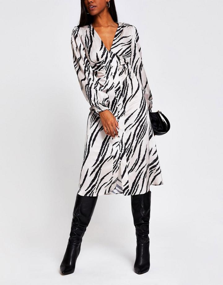 River Island Zebra Print Midi Dress In Cream-white