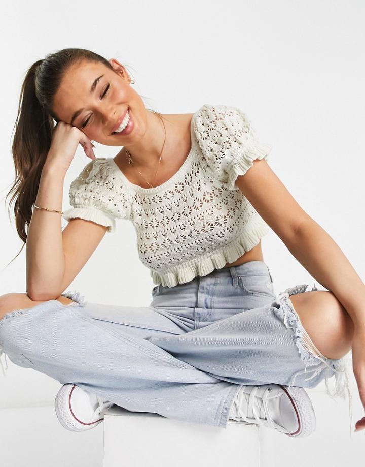 Miss Selfridge Open Stitch Pointelle Knit Square Neck Short Sleeve Frill Hem Top In Cream-white