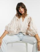 Y.a.s Broderie Blouse With Ruffle Detail And Volume Sleeves In Pale Pink-white