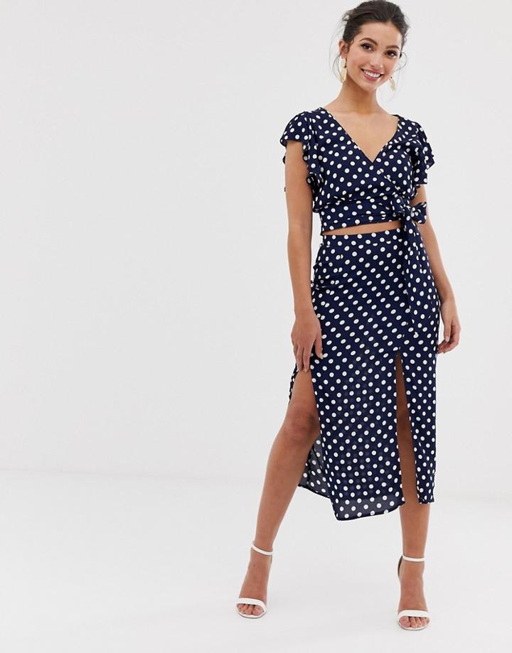 Oasis Midi Skirt With Splits In Polka Dot - Multi
