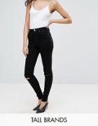 Asos Tall Ridley High Waist Skinny Jean In Clean Black With Ripped Knees - Black