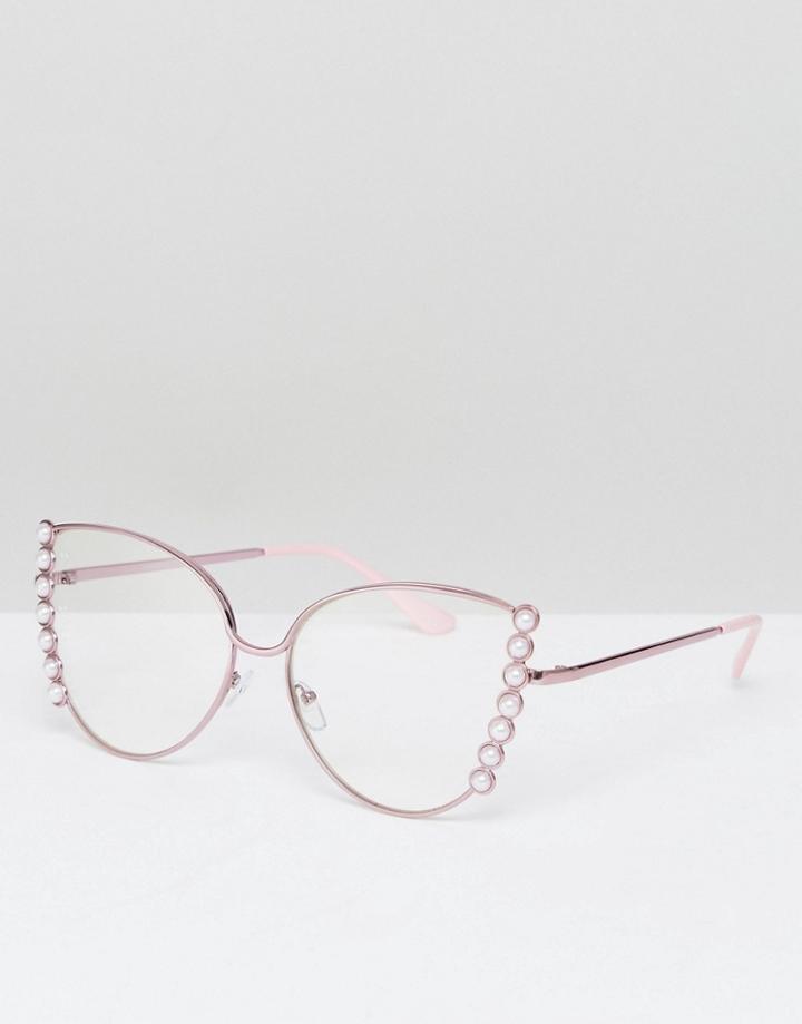 Asos Cat Eye Pearl Side Embellished Geeky Glasses - Pink
