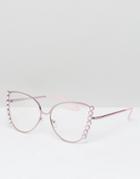 Asos Cat Eye Pearl Side Embellished Geeky Glasses - Pink