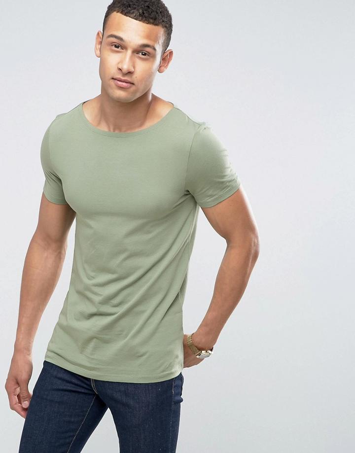 Asos Fitted Fit T-shirt With Boat Neck And Stretch - Green