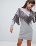 Asos Design Sweat Dress With Rainbow Fringing - Gray