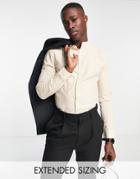 Asos Design Skinny Stripe Shirt With Band Collar In Tan-neutral