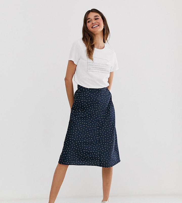 Monki Satin Polka Dot Midi Skirt In Navy-blue