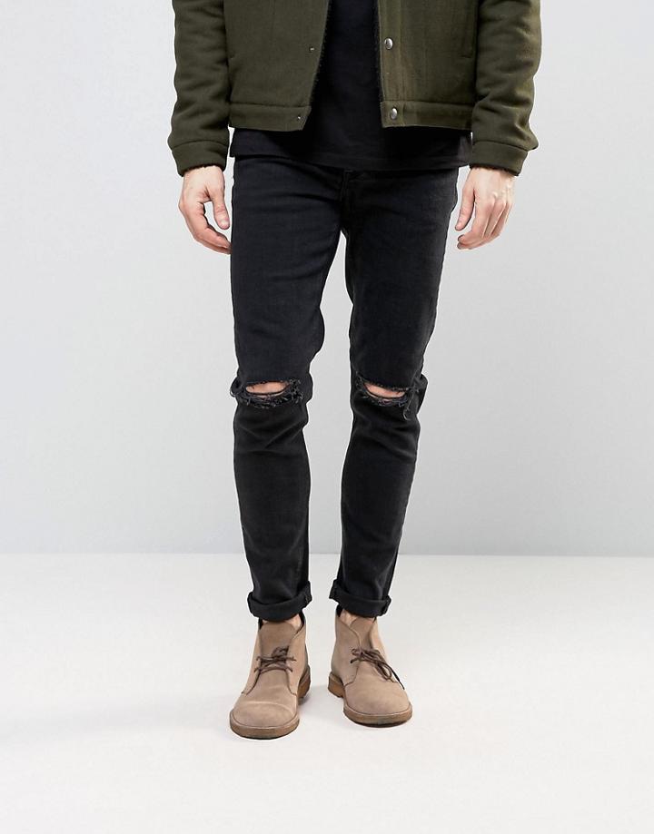 Asos Skinny Jeans With Knee Rips In 12.5oz True Black - Black
