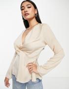 Asos Design Satin Twist Front Blouse With Flared Sleeve In Champagne-white