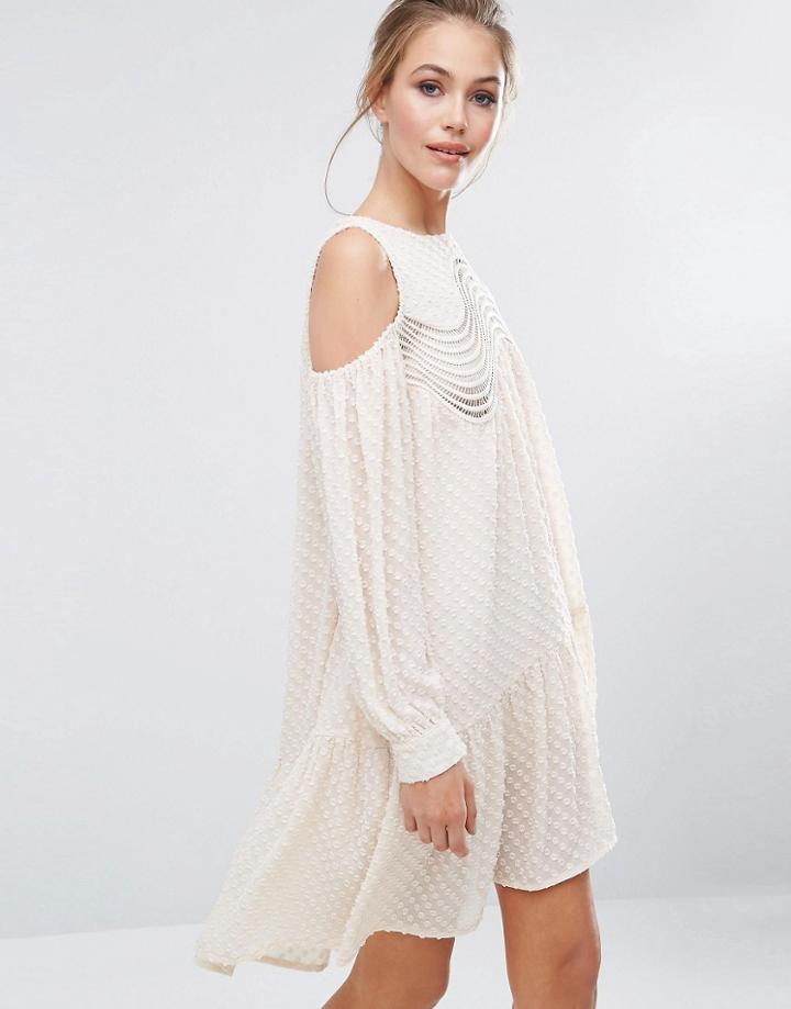 Dark Pink Dropped Hem Dress With Cold Shoulder Detail - Cream