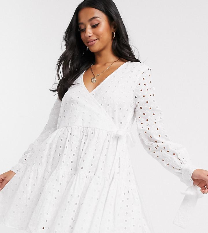 Asos Design Petite Broderie Wrap Trapeze Tiered Mini Dress In White