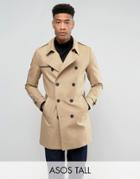 Asos Tall Double Breasted Trench Coat With Shower Resistance In Stone - Beige