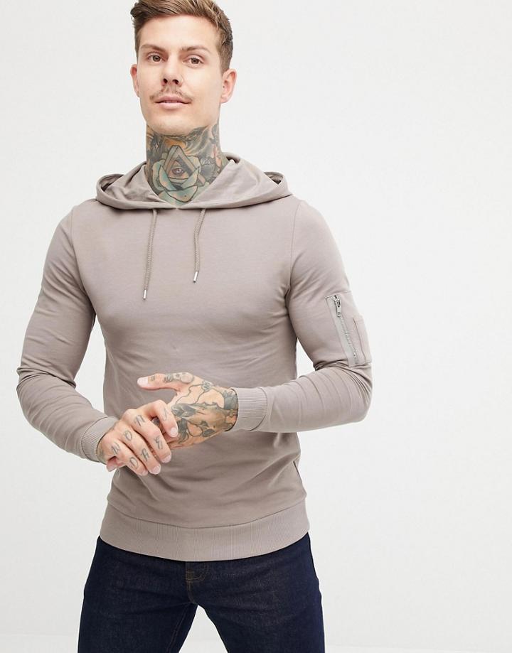 Asos Design Muscle Hoodie With Ma1 Pocket In Beige - Beige