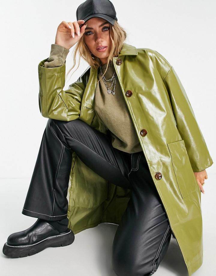 Violet Romance Vinyl Trench In Olive-green