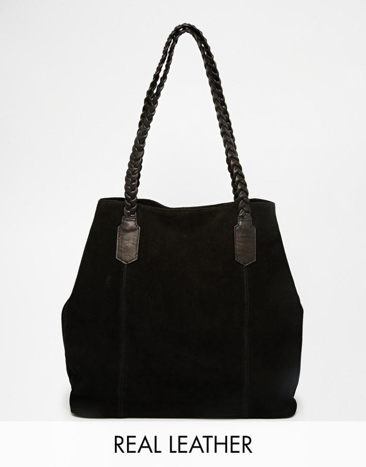 Asos Suede Shopper Bag With Plaited Strap - Black