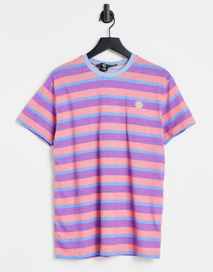 Daisy Street Relaxed T-shirt In Retro Stripe With Daisy Embroidery-pink