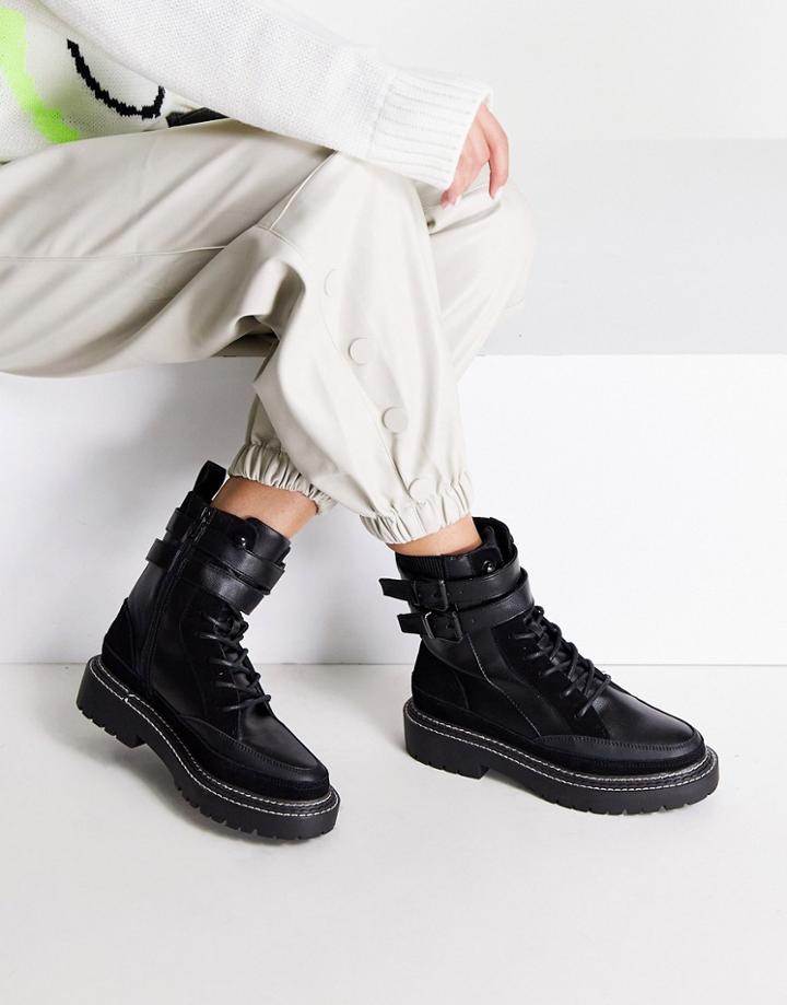 River Island Double Strap Flat Boots With Contrast Stitch In Black