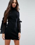 Asos Knitted Dress With Woven Lace Sleeve - Black