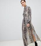 River Island Maxi Dress With Tie Neck In Snake Print - Multi