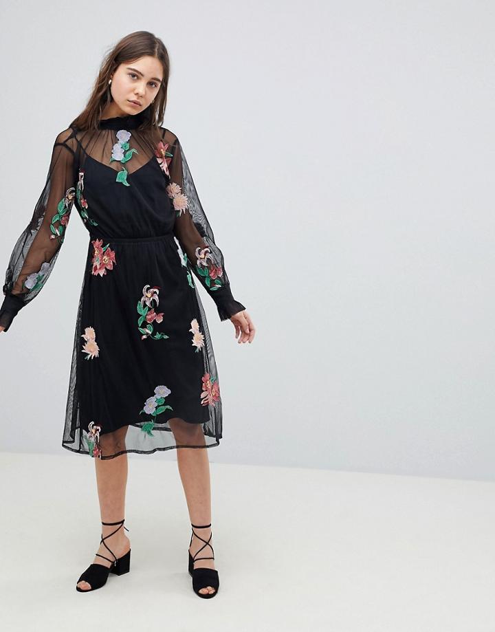 Neon Rose Embellished Floral Mesh Midi Dress-black