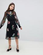 Neon Rose Embellished Floral Mesh Midi Dress-black