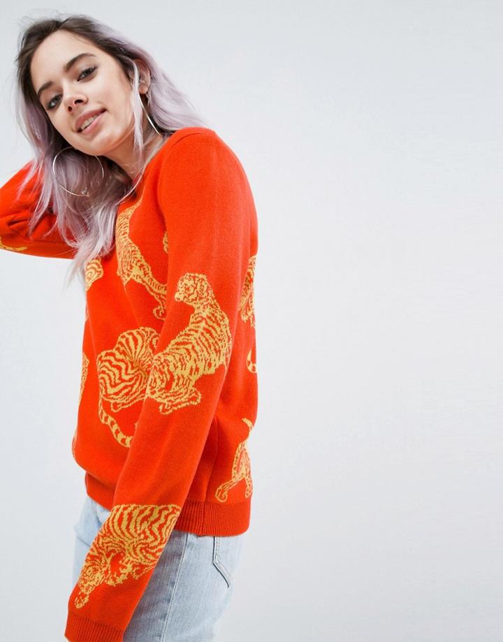 Asos Sweater With Tiger Print In Metallic - Orange