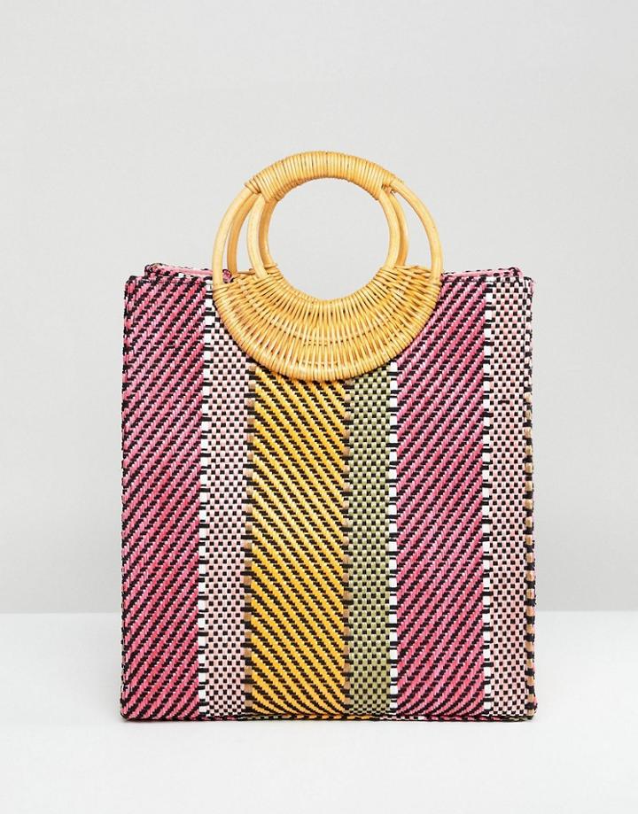 Asos Design Stripe Straw Mini Shopper Bag With Bamboo Handle - Multi