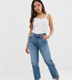 Asos Design Petite Recycled Ritson Rigid Mom Jeans In Mid Vintage Wash-blue