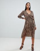 Boohoo Long Sleeve Wrap Front Midi Dress In Leopard - Brown