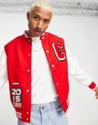 The Couture Club Varsity Bomber Jacket In Red And White With Embroidered Patches