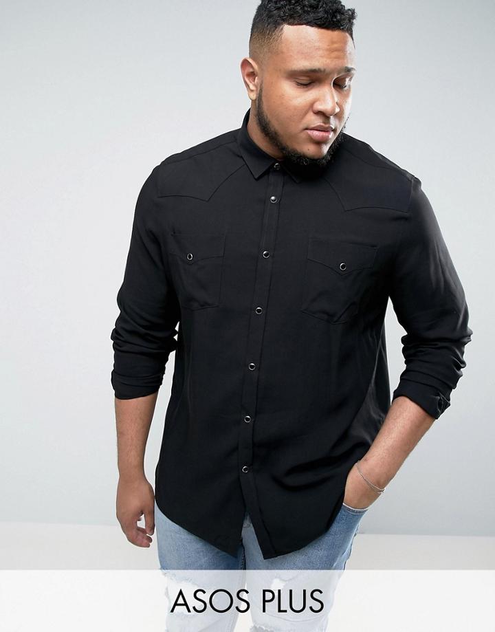 Asos Plus Regular Fit Viscose Western Shirt In Black - Black