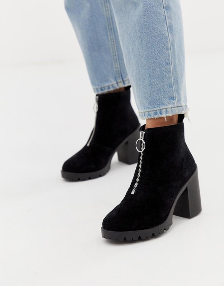 Office Aida Black Suede Chunky Heeled Ankle Boot With Silver Zip