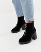 Office Aida Black Suede Chunky Heeled Ankle Boot With Silver Zip
