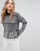 Lavand Patchwork Sweater With Fringe Hem - Black