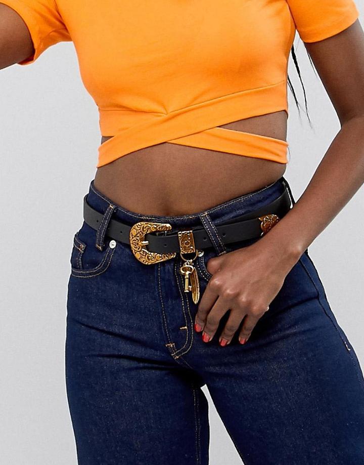 Asos Design Western Waist And Hip Belt In Old Gold With Charms - Black